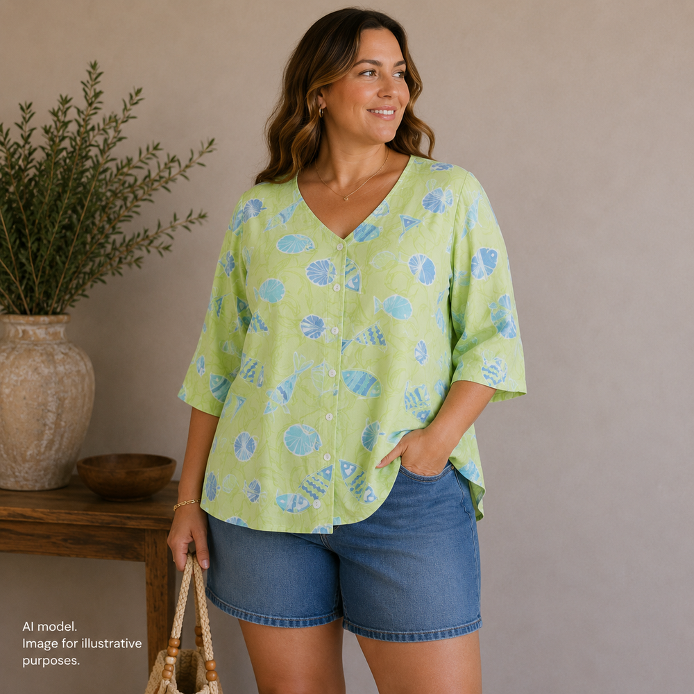 Lulu B Shirt Women 1X Green Fish Shell Print Cotton Button Coastal Resort Cruise